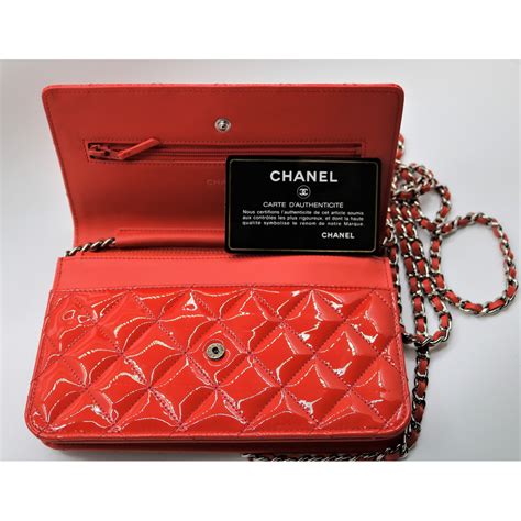 chanel patent leather wallet on a chain